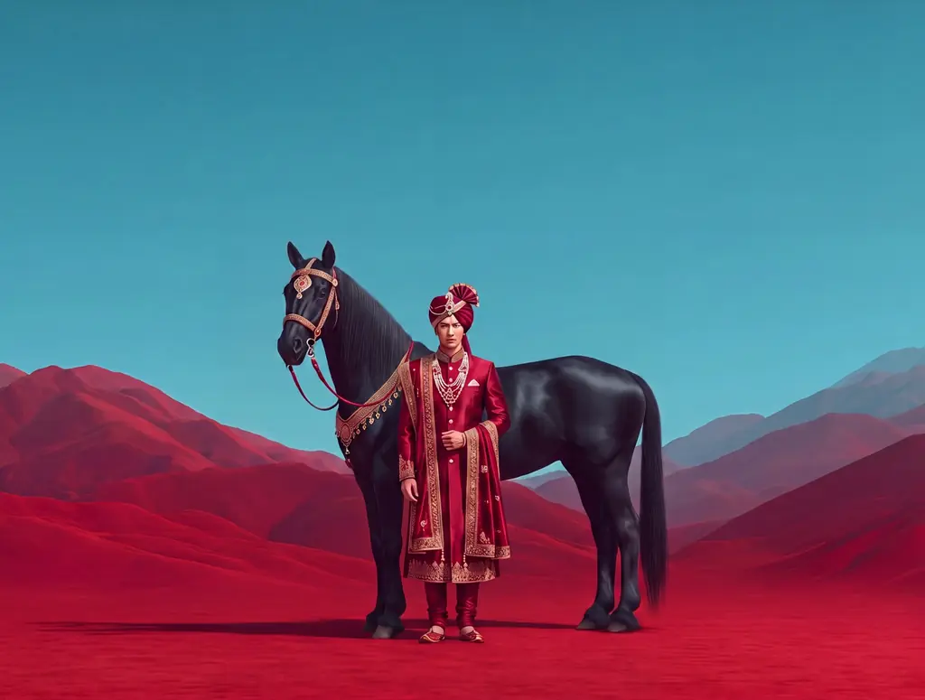 Concept campaign for wedding wear: a groom in red and gold beside a black horse on a red desert, under a teal sky.