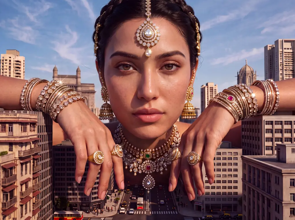 Concept campaign for jewellery: a woman in bridal jewellery rests her hands on Mumbai rooftops like a giant, the street far below her.