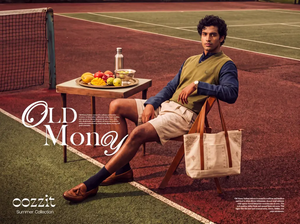Concept campaign for menswear: a man sits courtside beside a fruit table, under the headline Old Money.