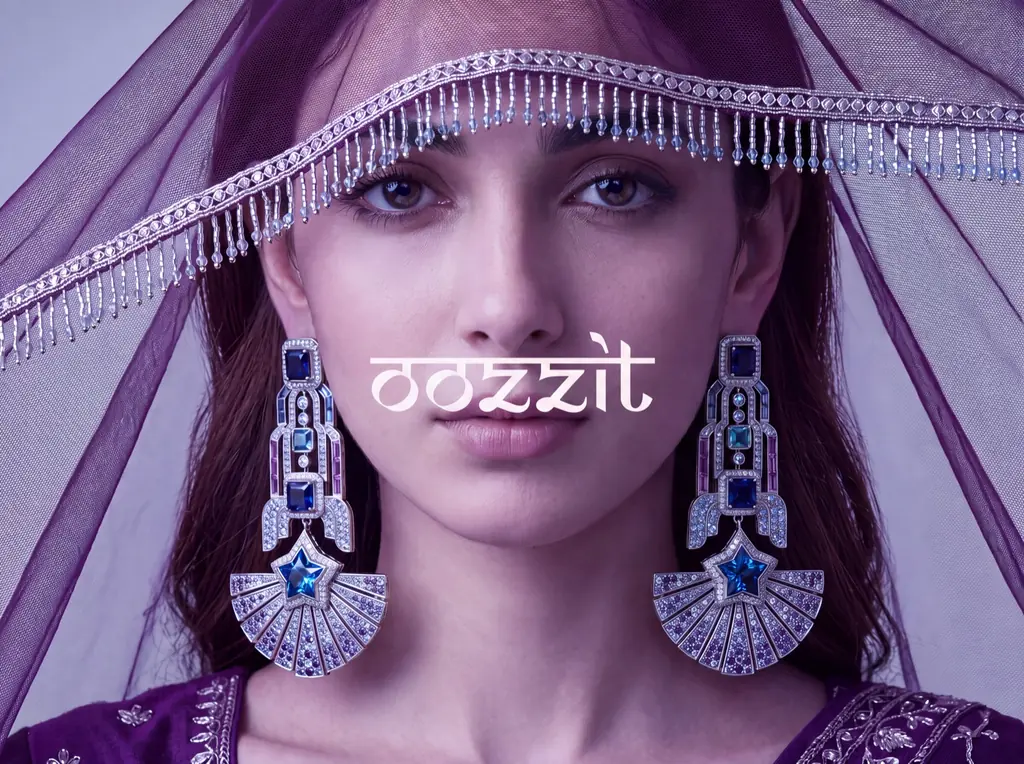 Concept campaign for jewellery: a woman behind a beaded violet veil wears sapphire chandelier earrings.