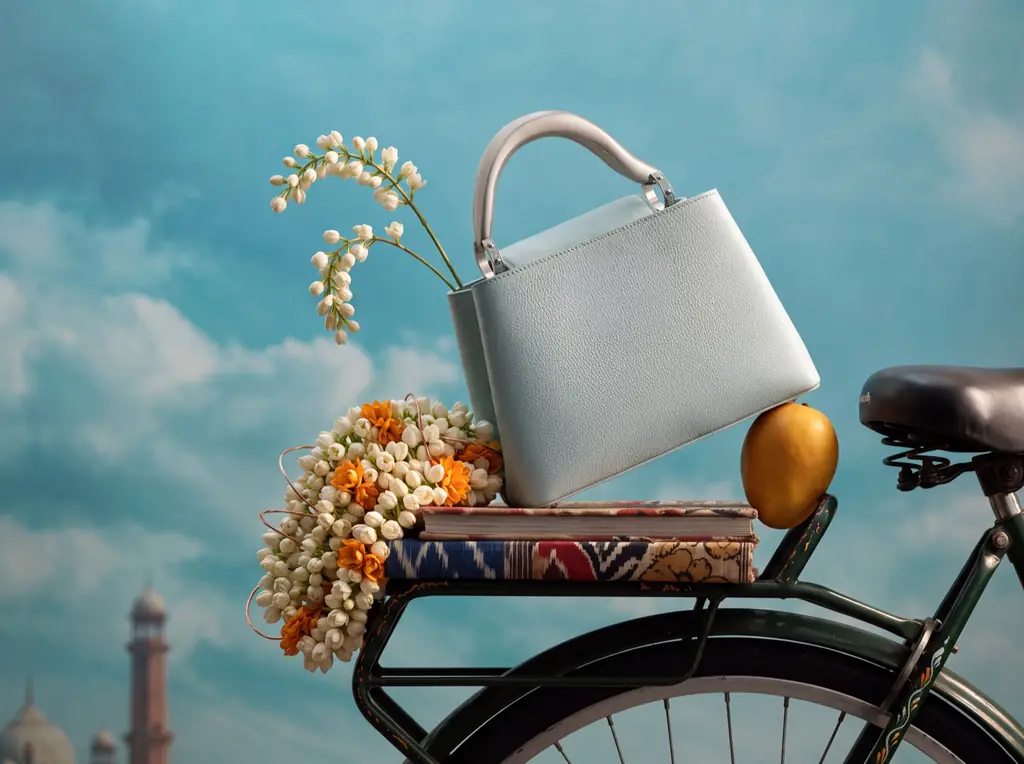 Concept campaign for handbags: a pale blue handbag rides a bicycle carrier with jasmine garlands, a minaret in the distance.