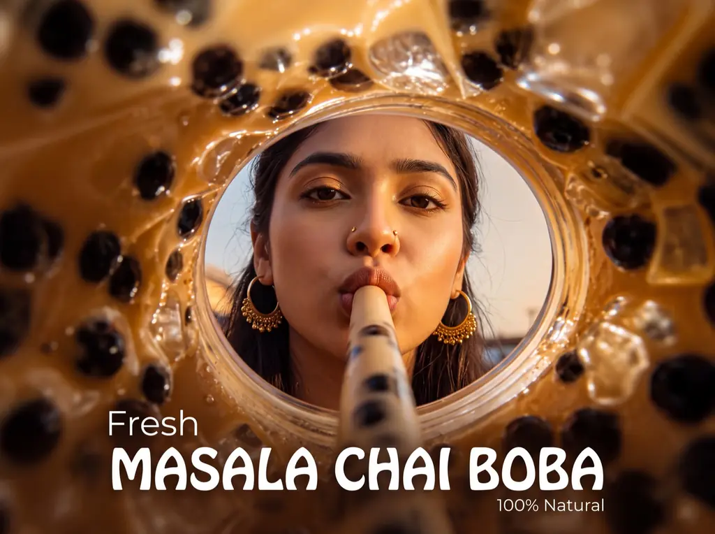 Concept campaign for a masala chai boba, seen from inside the cup.