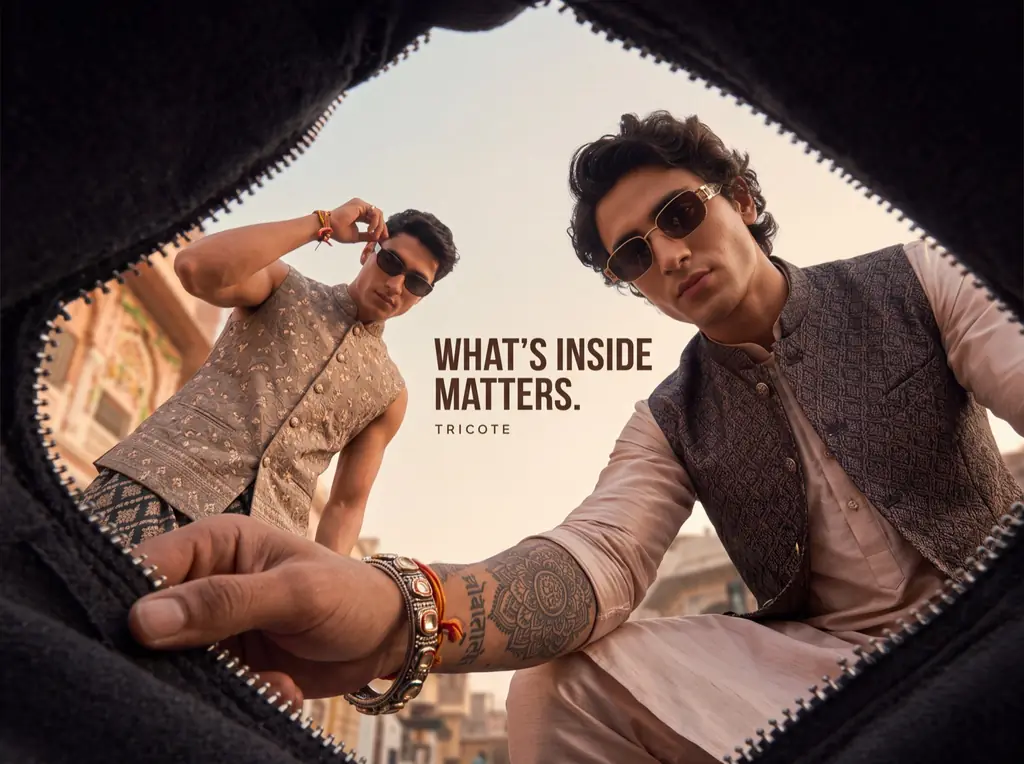 Concept campaign for ethnic wear: two men in waistcoats, framed through the unzipped opening of a garment bag, with the line What’s inside matters.