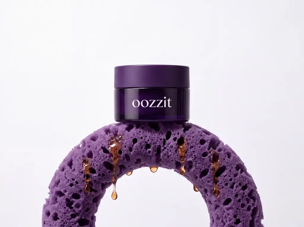 Concept product shot: a purple Oozzit skincare jar balanced on a violet sponge ring, honey dripping from it.