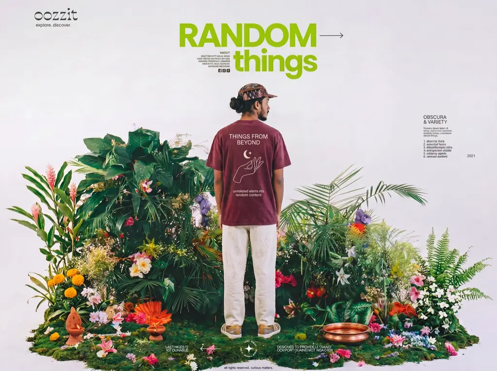 Concept poster: a man in a maroon T-shirt stands in a mound of flowers under the headline Random things.