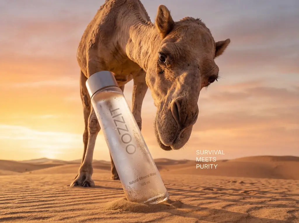 Concept campaign for mineral water: a camel leans over an Oozzit bottle planted in desert sand at sunset.