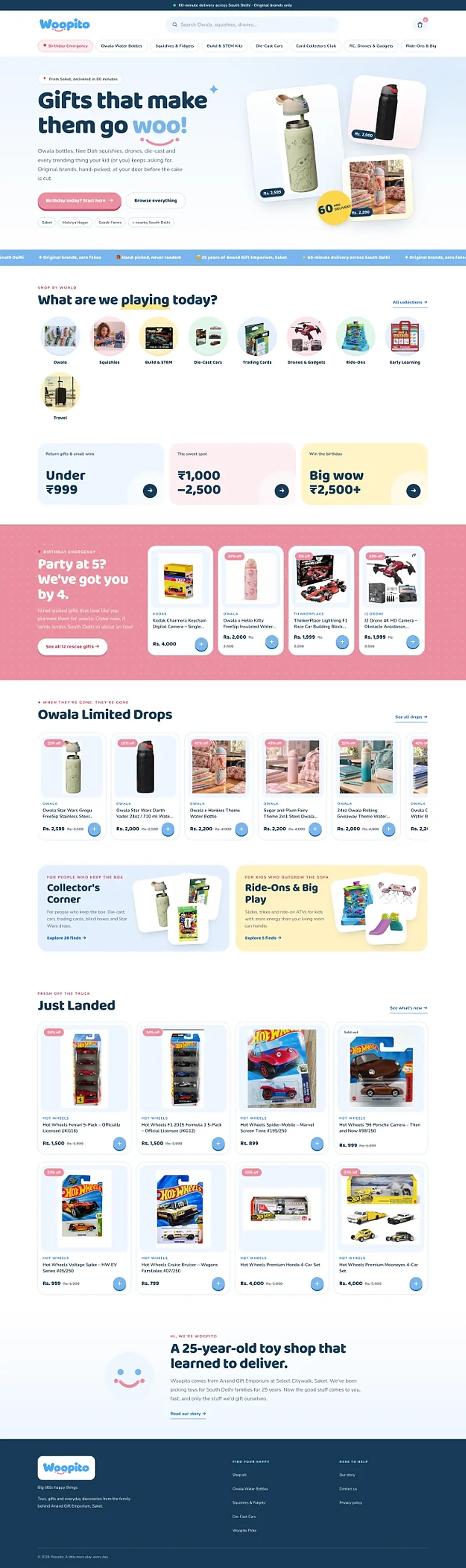 The Woopito store, a client site: a toy and gift shop’s home page with a pale blue opening, rows of products, a pink birthday banner and a navy footer.